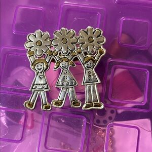 Silver & Gold Trio Girls Flower Brooch Pin - Playful Women's Accessory